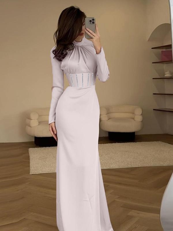 Women's Rhinestone Decor Mock Neck Mermaid Dress, Elegant Long Sleeve Maxi Dress for Party Holiday Wedding Guest, Ladies Fall & Winter Clothes