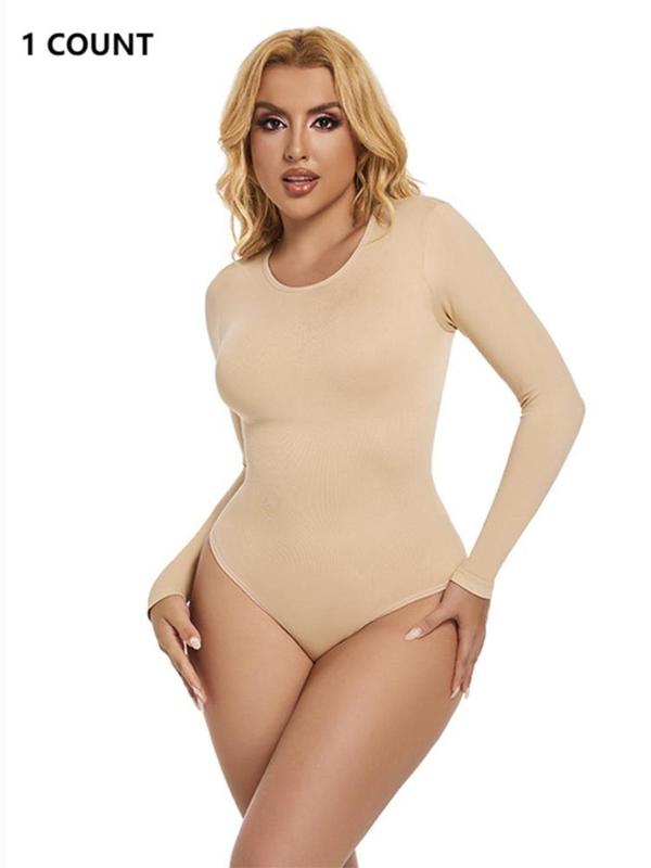 Women's Solid Round Neck Long Sleeve Shapewear Bodysuit, Casual Comfy Tummy Control Bodysuit for Daily Wear, Women's Shapewear for All Seasons