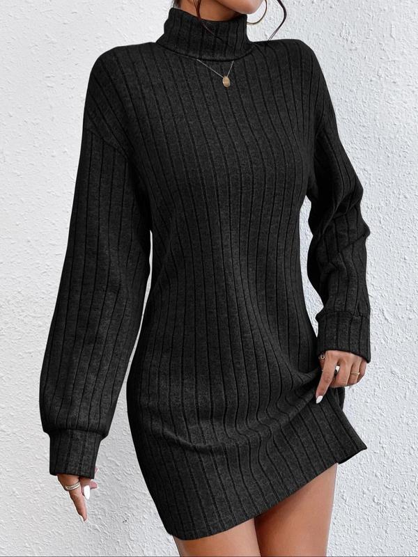 Fall Women's Plain Ribbed Sweater Dress without Necklace, Casual Turtle Neck Drop Shoulder Long Sleeve Knitwear Dress for Fall & Winter, Fall Dresses, Women's Knit Clothes for Daily Outdoor Wear