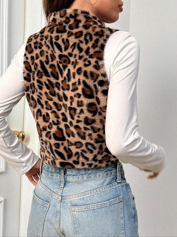 Women's Leopard Print Zip Up Crop Vest Jacket, Casual Fashion Stand Collar Sleeveless Plush Outerwear for Daily Outdoor Wear, Women Clothing for Fall & Winter