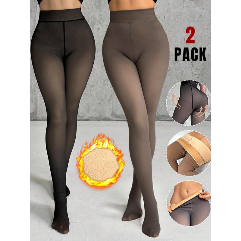 2-Pack High Waist Fleece Lined Tights Fake Translucent Thermal Pantyhose Leggings