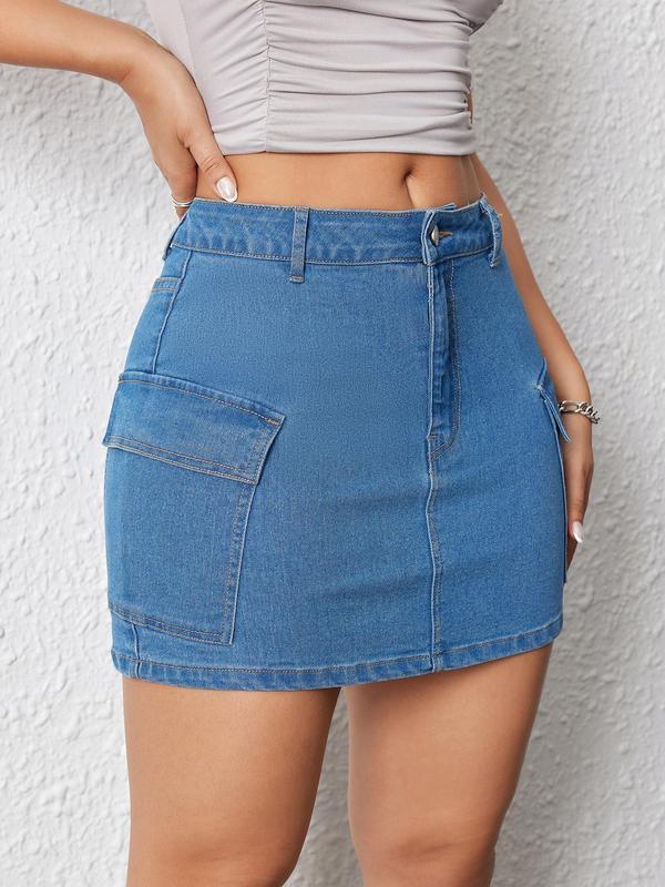 Women's Plain Pocket Button Bodycon Skirt, Fashion Casual Denim Skirt for Daily Outdoor Wear, Ladies Bottoms for Summer