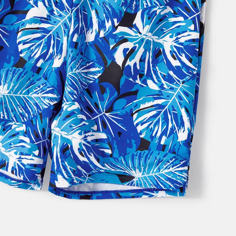 PatPat Family Matching Plant Print Swim Trunks and Blue Ruffle Trim Spliced One-piece Swimsuit