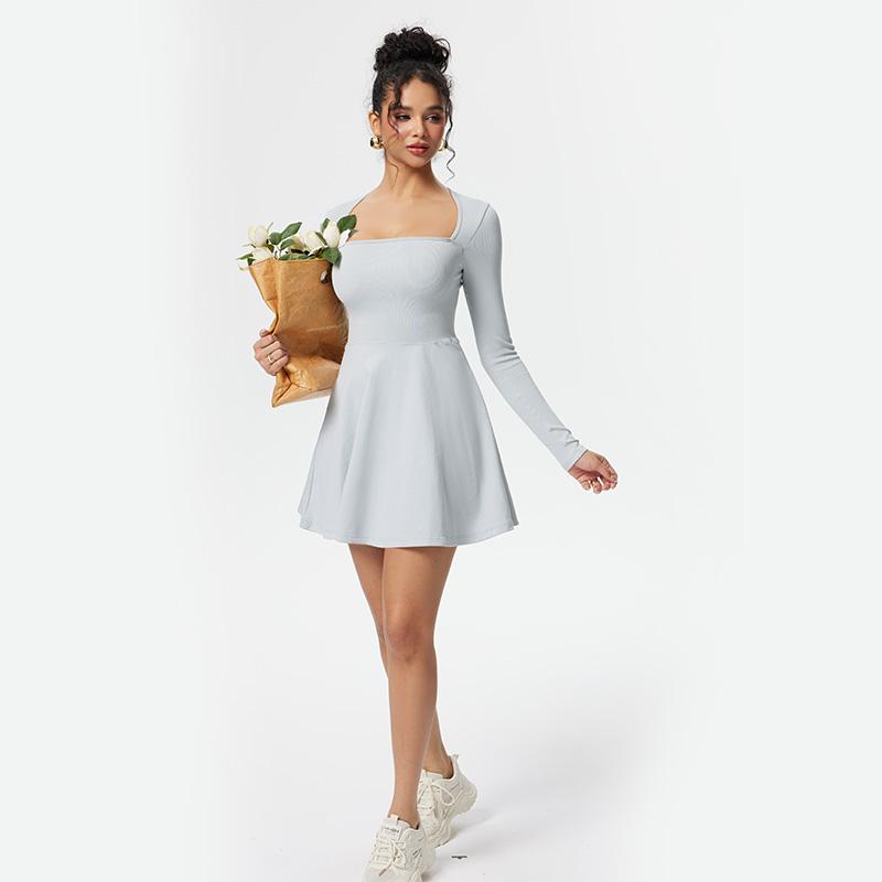 OQQ Long Sleeves Solid A-line  Dress with Collar