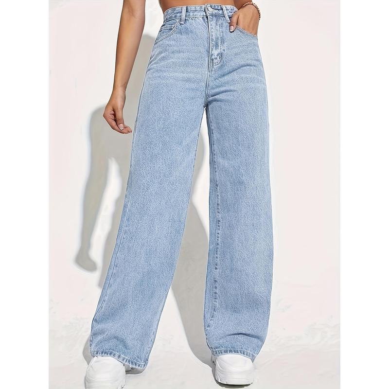 1pc Women'S Fashion High-Waisted Denim Jeans, Casual Style, Solid Color, Stretch Fabric, Loose Fit, Long Wide-Leg Pants with Built-in Zipper, No Belt, Suitable for All Seasons Womenswear Bottom Womenswear Bottom Polyester Trouser