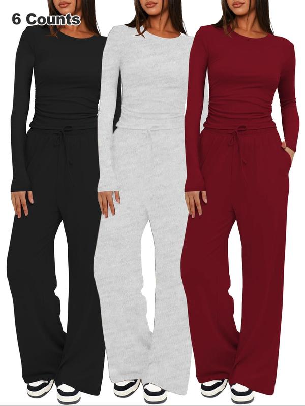 Two-piece Set Women's Solid Ruched Tee & Drawstring Pocket Pants Pajamas Set, Casual Long Sleeve T-shirt & Elastic Waist Trousers, Ladies Sleepwear for All Seasons