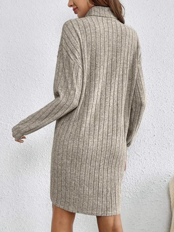 Fall Women's Plain Ribbed Sweater Dress without Necklace, Casual Turtle Neck Drop Shoulder Long Sleeve Knitwear Dress for Fall & Winter, Fall Dresses, Women's Knit Clothes for Daily Outdoor Wear