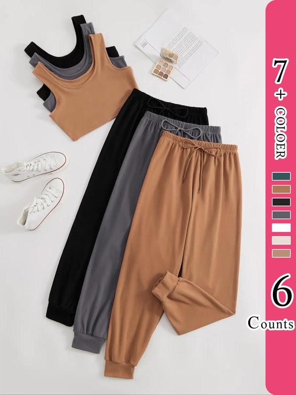 Women's Plain Loungewear Set, Girl Nightwear, Basic Crop Tank Top & Tie Front Elastic Waist Pj Pants, Summer Homewear & Sleepwear, Summer Wear 2024