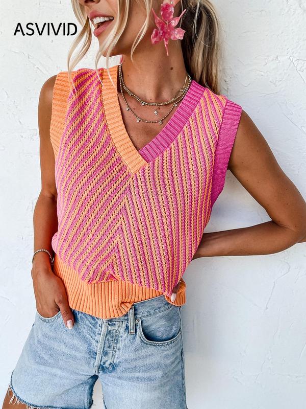 Women's Colorblock Wrap Knit Tank Top, Casual V Neck Sleeveless Top for Summer, Back To School Clothes, Ladies Clothes for Daily Wear