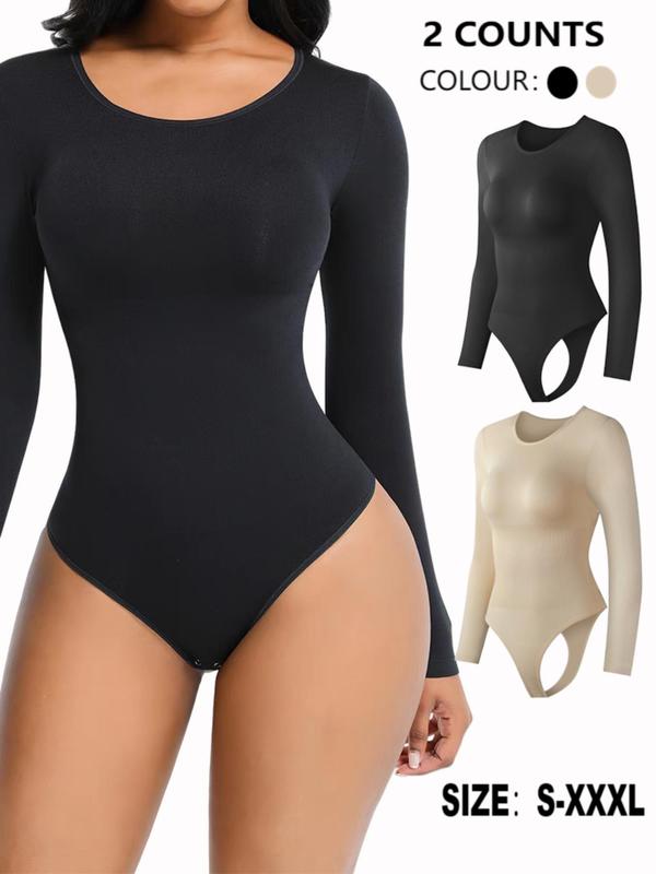 Women's Solid Round Neck Long Sleeve Shapewear Bodysuit, Casual Comfy Tummy Control Bodysuit for Daily Wear, Women's Shapewear for All Seasons