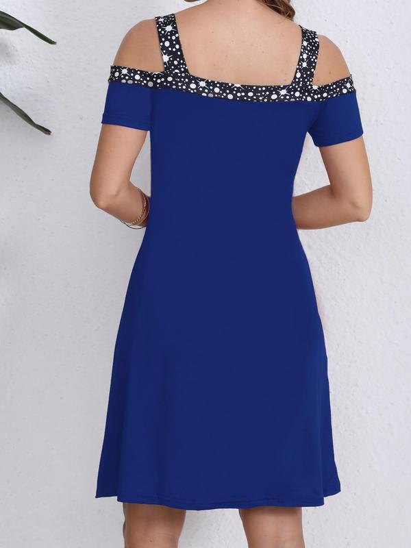 Women's Patchwork Cold Shoulder A Line Dress, Elegant Sweetheart Neck Short Sleeve Dress for Party Wedding Guest, Ladies Clothes for All Seasons