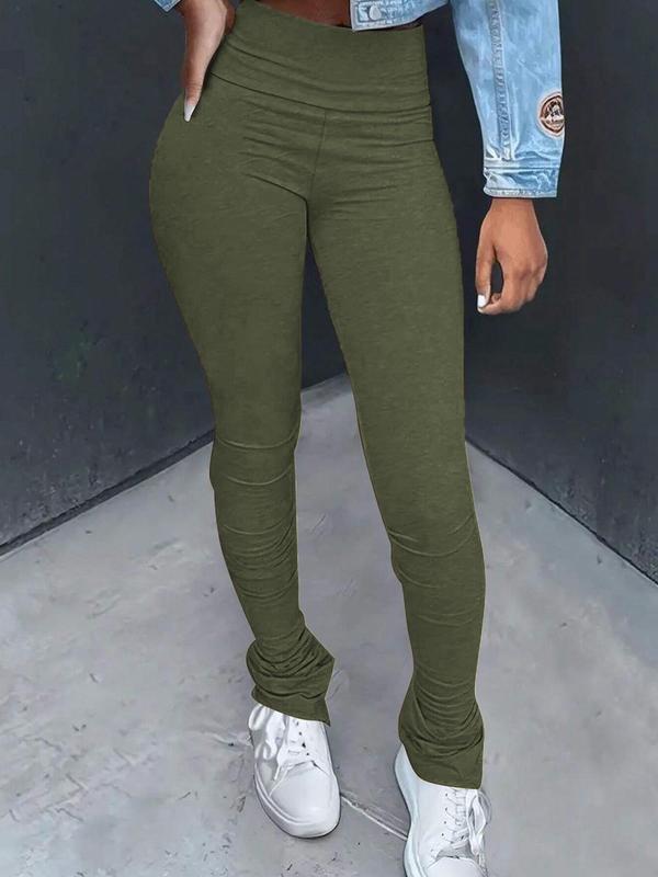 Women's Solid Ruched High Waist Skinny Pants, Casual Street Comfy Stack Trousers for Daily Wear, Pants for Women, Ladies Bottoms for All Seasons