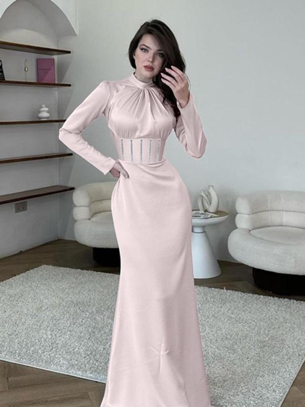 Women's Rhinestone Decor Mock Neck Mermaid Dress, Elegant Long Sleeve Maxi Dress for Party Holiday Wedding Guest, Ladies Fall & Winter Clothes