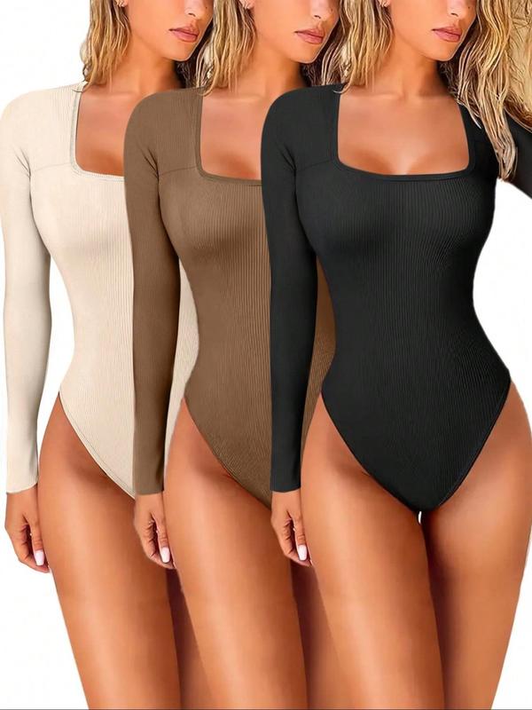 Women's Solid Color Ribbed Long Sleeve Square Neck Bodysuit, Casual Comfy Bodysuit for Daily Wear, Ladies Clothes for Fall & Winter Womenswear Tops