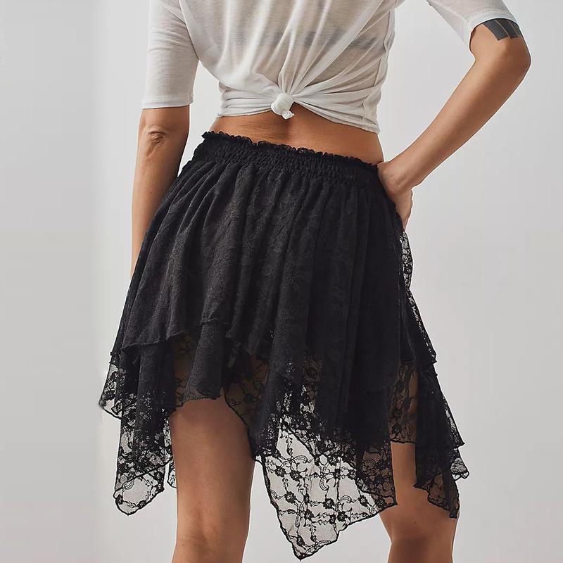 Women Y2k Lace Mini Skirts Summer Irregular Hem Lace Slip Skirt Pleated Ruffle Floral Lace Tiered Short Skirts Underskirt mini casual