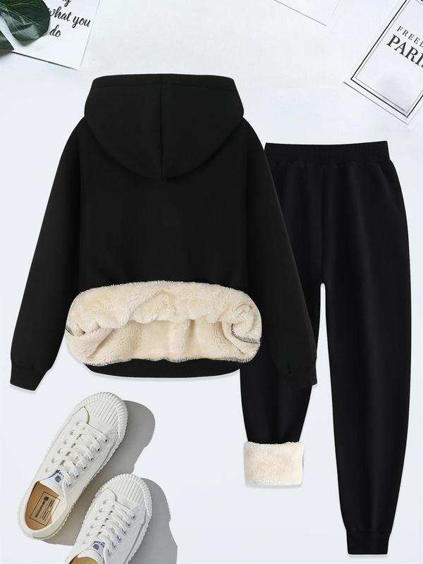 Women's Letter Print Hoodie & Drawstring Waist Pants Thermal Lined Two-piece Set, Casual Long Sleeve Hooded Sweatshirt & Pocket Trousers for Fall & Winter, Women's Clothes for Daily Wear