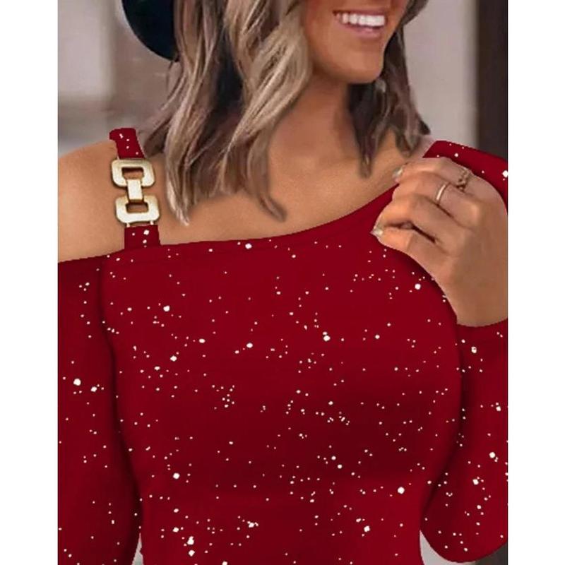 Womens Dresses 2023 Summer Fashion Glitter Print Cold Shoulder Ruched Casual Plain Long Sleeve Bodycon Daily Mini A Line Dress