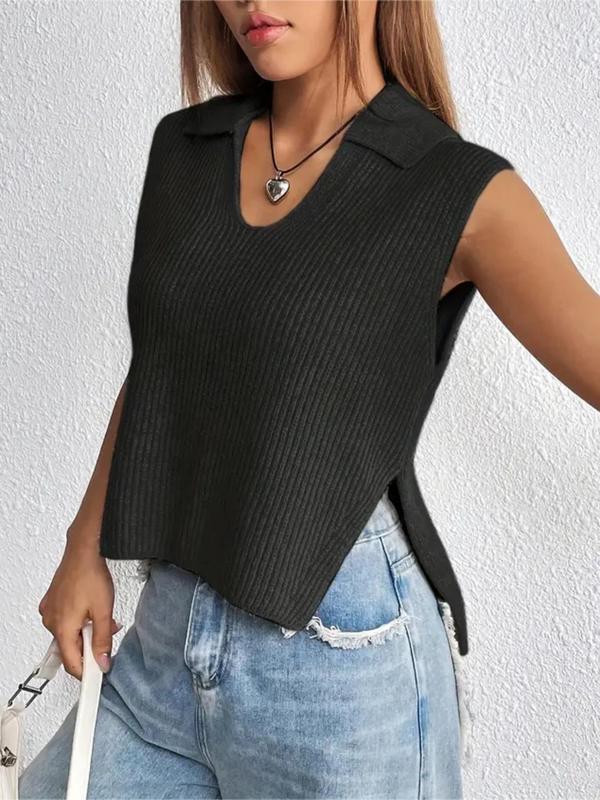 Women's Plain Split Hem Sweater Vest, Casual Solid Collar Sleeveless Knitwear Top for Summer, Knit Tank Tops for Women, Fashion Ladies' Knit Clothing for Daily Wear,  Downtown Girl Clothes