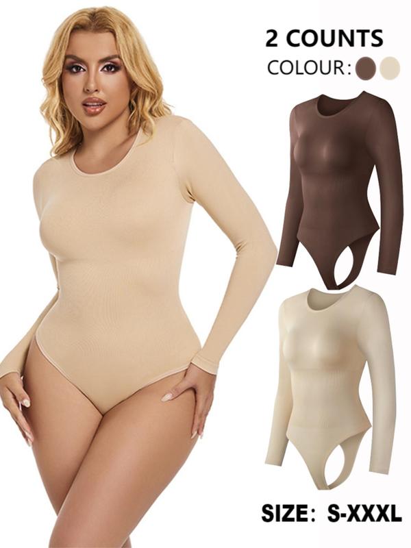 Women's Solid Round Neck Long Sleeve Shapewear Bodysuit, Casual Comfy Tummy Control Bodysuit for Daily Wear, Women's Shapewear for All Seasons