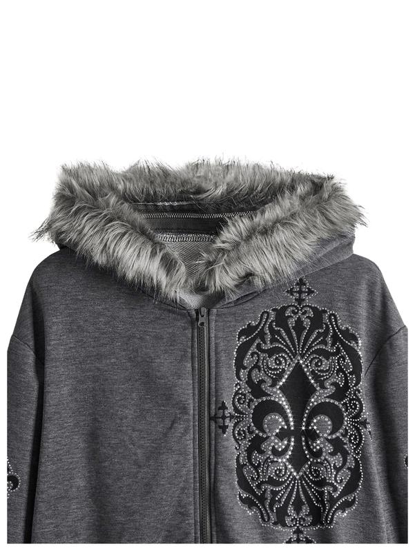 Women's Zip Up Hoodies Graphic Rhinestone Contrast Faux Fur Long Sleeve Sweatshirt Jacket with Pockets