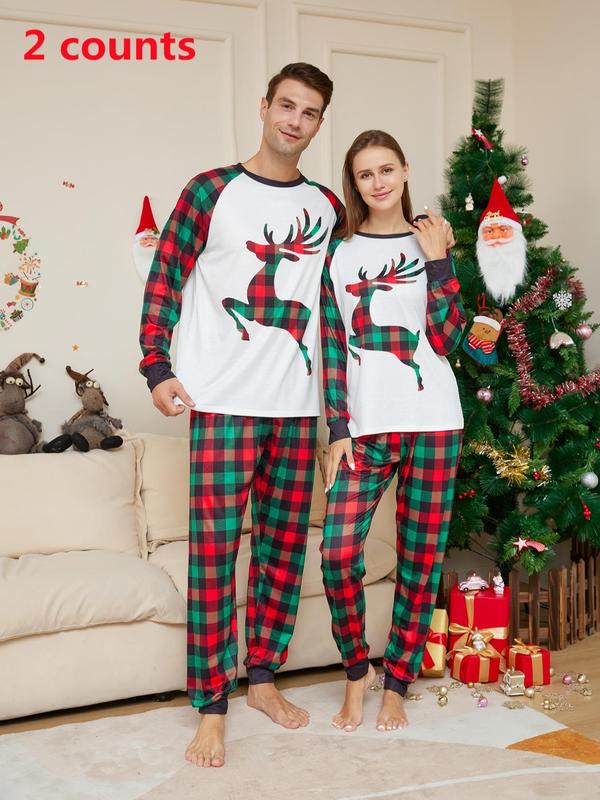 Couple's Christmas Reindeer Print Pajama Two-piece Set, Casual Comfy Long Sleeve Top & Pants PJ Set, Womenswear Men's Sleepwear Loungewear for Spring & Fall