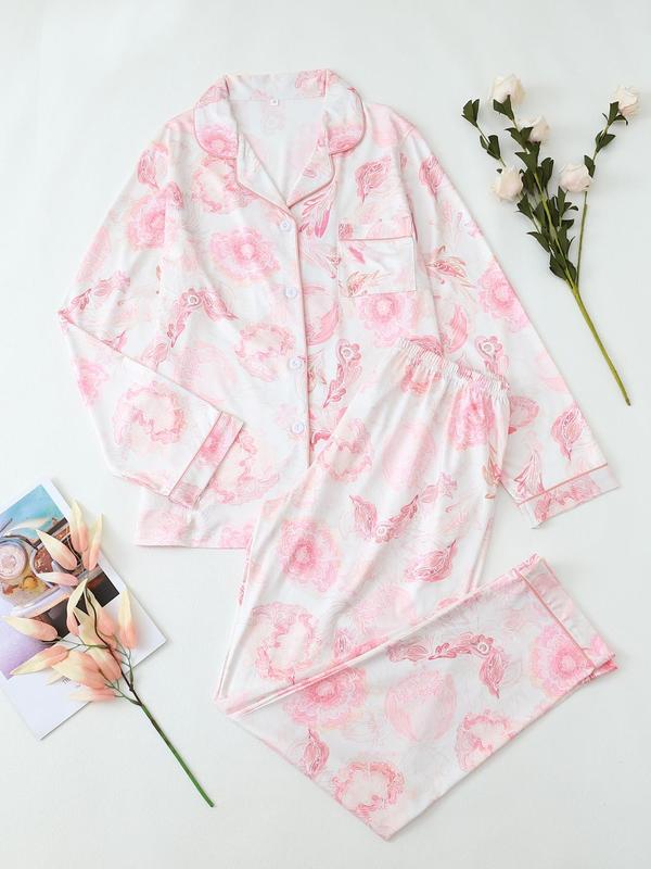 Two-Piece Set Women's Floral Print Lapel Neck Button Front Shirt & Elastic Waist Pants Pyjama, Elegant Long Sleeve Pocket Top & Trousers PJ Set, Women's Sleepwear for Fall & Winter