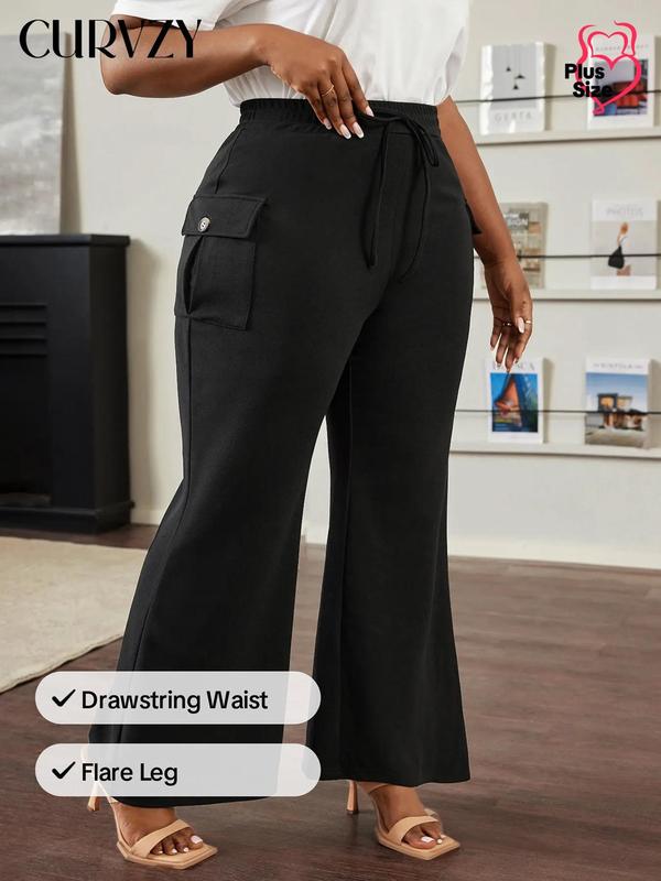 Christmas Deals, CURVZY Plus Size Solid Drawstring Waist Flare Leg Pants, Casual Pocket Bell Bottom Trousers for Daily Wear, Women's Bottoms for Fall & Winter, Christmas 2024 Trend, Christmas Clothes, Fall&Winter Clothes, Christmas Gift Ideas