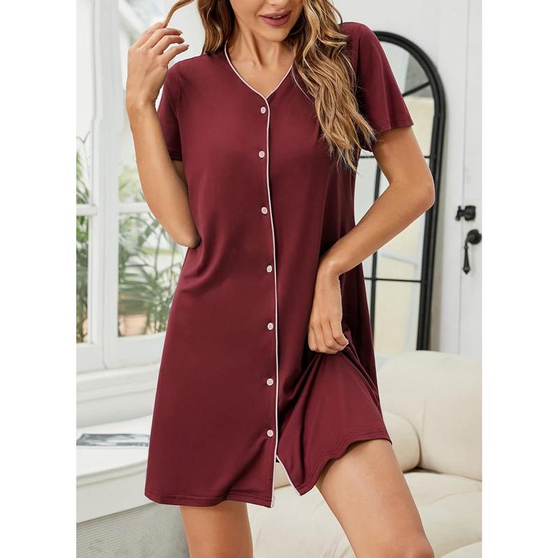 HOCOSIT Womens Short Sleeve Nightshirt Button Nightgown V-Neck Boyfriend Sleepshirt Pajama Dress S-XXL A6017