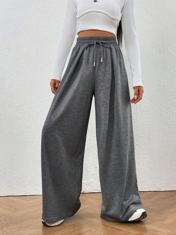 Women's Plain Drawstring High Waist Sweatpants, Casual Wide Leg Pants for Fall, Minimalist Maxi Trouser, Ladies Bottoms for Daily Wear, Downtown Girl Clothes