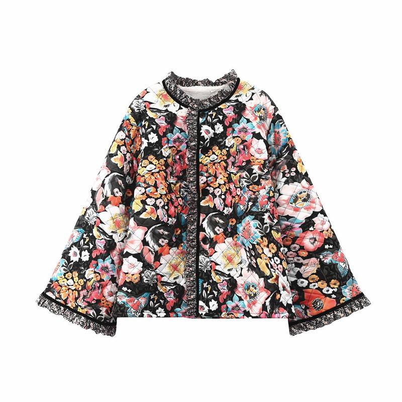 2024 New Autumn and Winter Printing Cashmere-like Cotton-Padded Coat Comfort and Casual Bell Sleeve Loose-Fitting Women's Cotton-Padded Coat