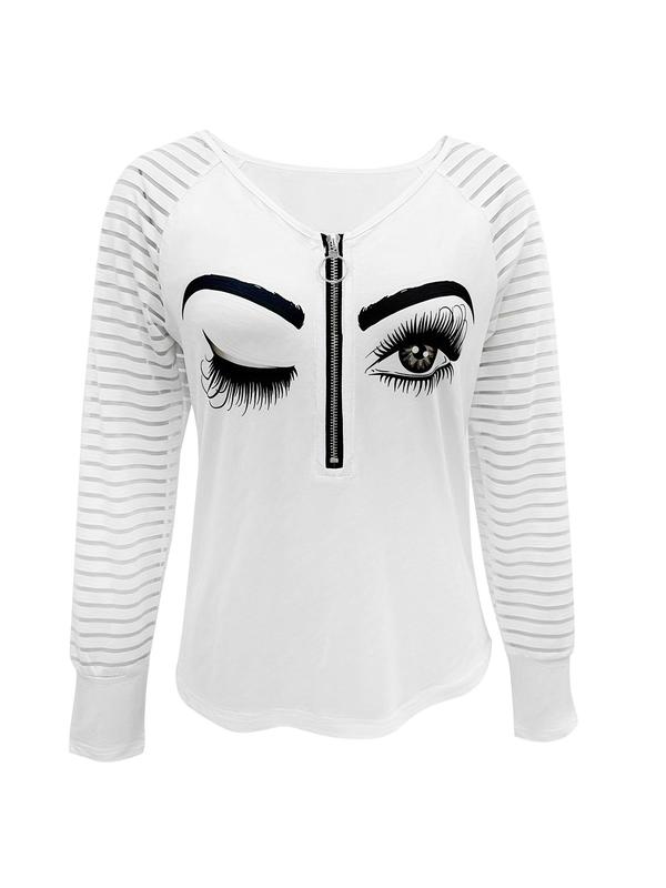 Women's Striped Graphic Print Zipper Raglan Sleeve Tee, Casual Long Sleeve V Neck T-Shirt for Spring & Fall, Summer Outfits, Lady Top for Daily Wear