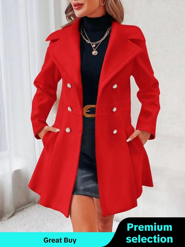 Coat Women's Solid Double Button Pocket Overcoat, Casual Long Sleeve Lapel Neck Outerwear for Fall & Winter, Trendy Fall Outfits 2024, Women's Party Outfit Clothes for Daily Wear