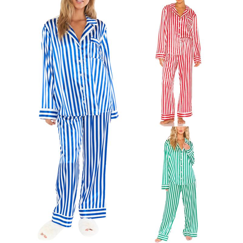 Womens Christmas Pajamas Set Striped Print Long Sleeve Button Down Shirt Blouse and Pants Pjs Lounge Set Sleepwear