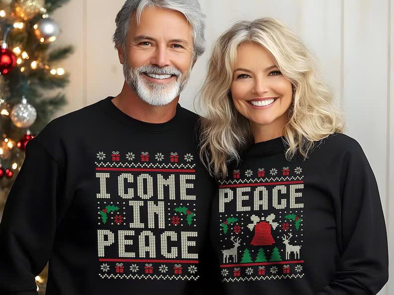 Couples Matching Ugly Christmas Sweater, I Come in Peace Sweater, Ugly Xmas Holiday Sweater, Adult Humor Peace Shirt, Ugly Christmas Party