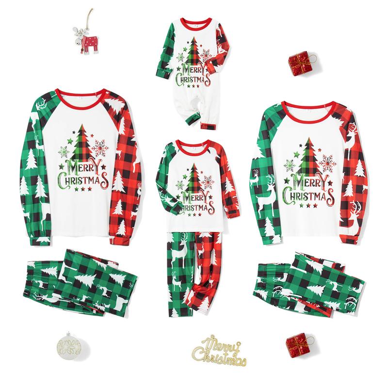 Christmas Family Pajamas Matching Set Parent-child Christmas Tree Letter Print Contrast Color Long Sleeve Tops and Plaid Pants Sleepwear