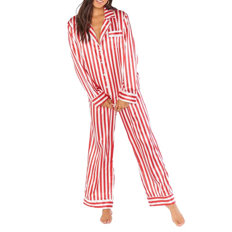 Womens Christmas Pajamas Set Striped Print Long Sleeve Button Down Shirt Blouse and Pants Pjs Lounge Set Sleepwear