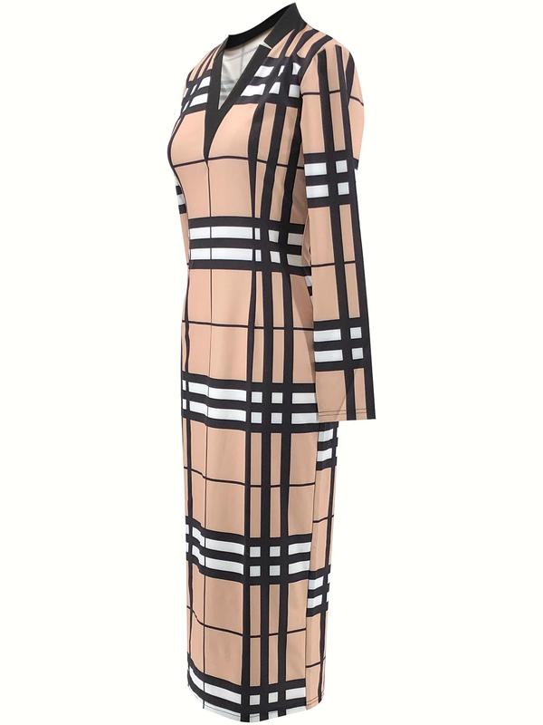 Women's Plaid Print Notched Neck Bodycon Dress without Belt, Elegant Long Sleeve Midi Dress for Party Holiday Wedding Guest, Women Birthday Party Dress 2024, Ladies Clothes for All Seasons