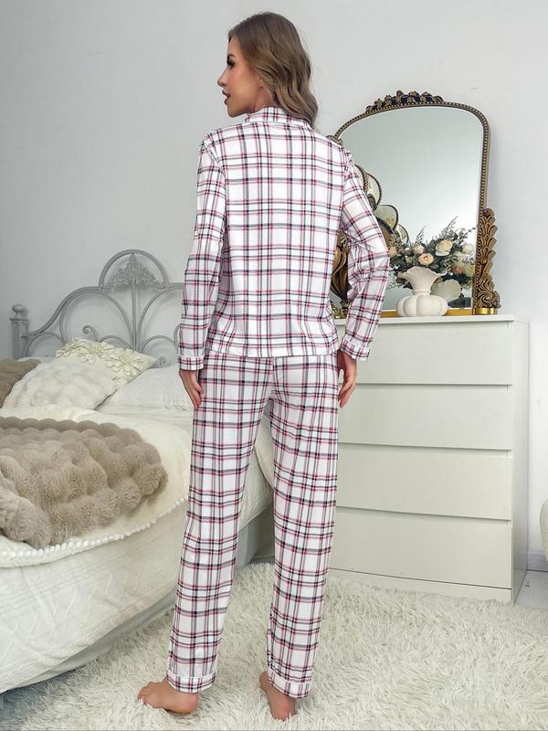 Christmas Two-piece Set Women's Plaid Print Lapel Neck Button Front Pocket Shirt & Elastic Waist Pants Pyjama, Pajama Sets Women, Casual Comfy Long Sleeve Top & Trousers Pj Set, Women's Sleepwear for Spring & Fall