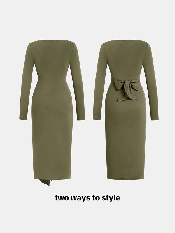 YOZY Christmas Deals, Women's Solid Color Twist Front Ribbed Wrap Dress, Casual Knot Long Sleeve Square Neck Dress for Spring & Fall, Women's Clothing for Daily Wear, Christmas 2024 Trend, Fall & Winter Clothes