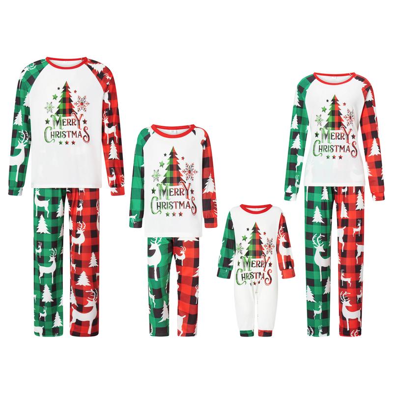 Christmas Family Pajamas Matching Set Parent-child Christmas Tree Letter Print Contrast Color Long Sleeve Tops and Plaid Pants Sleepwear