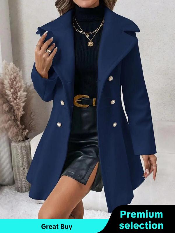 Coat Women's Solid Double Button Pocket Overcoat, Casual Long Sleeve Lapel Neck Outerwear for Fall & Winter, Trendy Fall Outfits 2024, Women's Party Outfit Clothes for Daily Wear