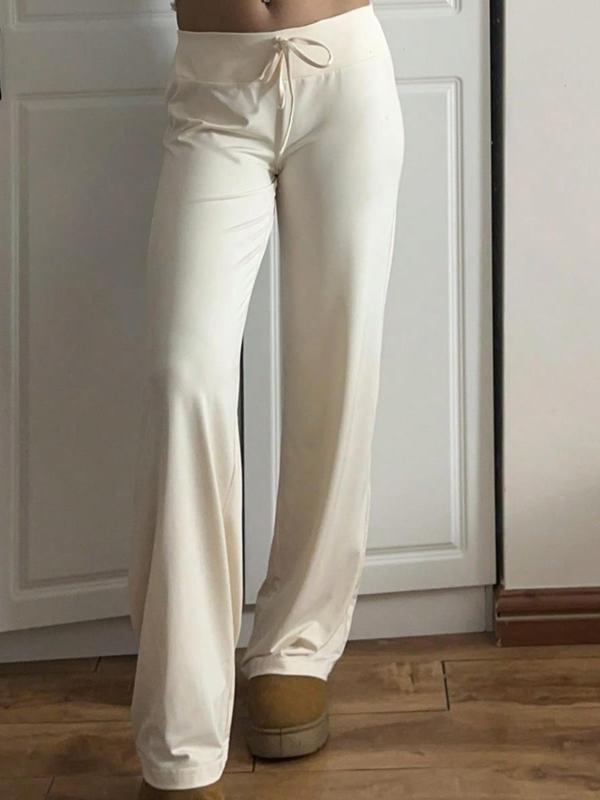 Women's Solid Drawstring Waist Flare Leg Pants, Casual Comfy Trousers for Daily Wear, Ladies Bottoms for Fall & Winter