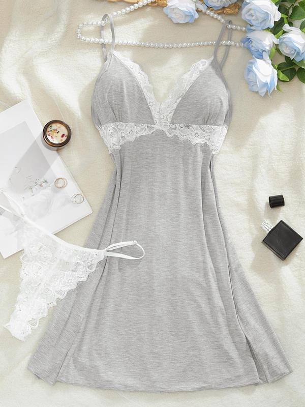  Two-Piece Set Contrast Lace Backless Cami Nightdress & Thong Set, Sexy Adjustable Strap Slip Nightgown & Panty Set, Women's Sleepwear for All Seasons