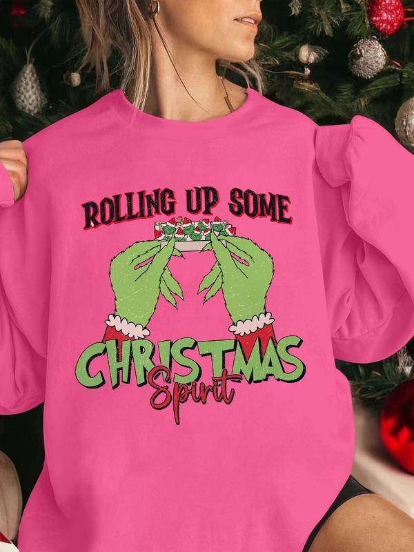 Rolling Up Some Christmas Spirit Shirt, Women's Cartoon Christmas & Letter Print Drop Shoulder Sweatshirt, Trendy Christmas Shirt Top Womenswear