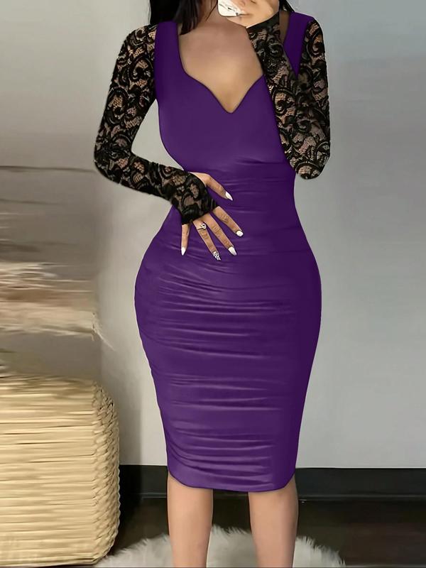 Women's Contrast Lace Sweetheart Neck Bodycon Dress, Elegant Long Sleeve Knee Length Dress for Party Dating Wear,  Dresses for Women, Women's Clothing for Fall & Winter