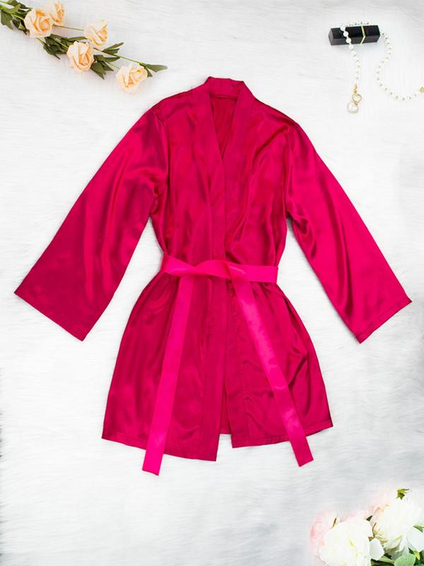 Women's Solid Long Sleeve Belted Satin Robe, Elegant Comfy Open Front Robe for Women, Fashion Ladies Sleepwear for All Seasons