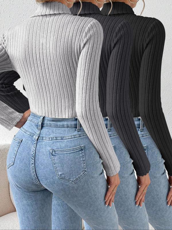 Women's Solid Long Sleeve Ribbed Bodysuit, Casual High Neck Tops Bodysuit for Daily Outdoor Wear, Women's Clothes Tummy Control Bodysuit, Basic Minimalist Comfort Longsleeves Womenswear for Lady, Fall Gift Bodycon  North West Body Suit