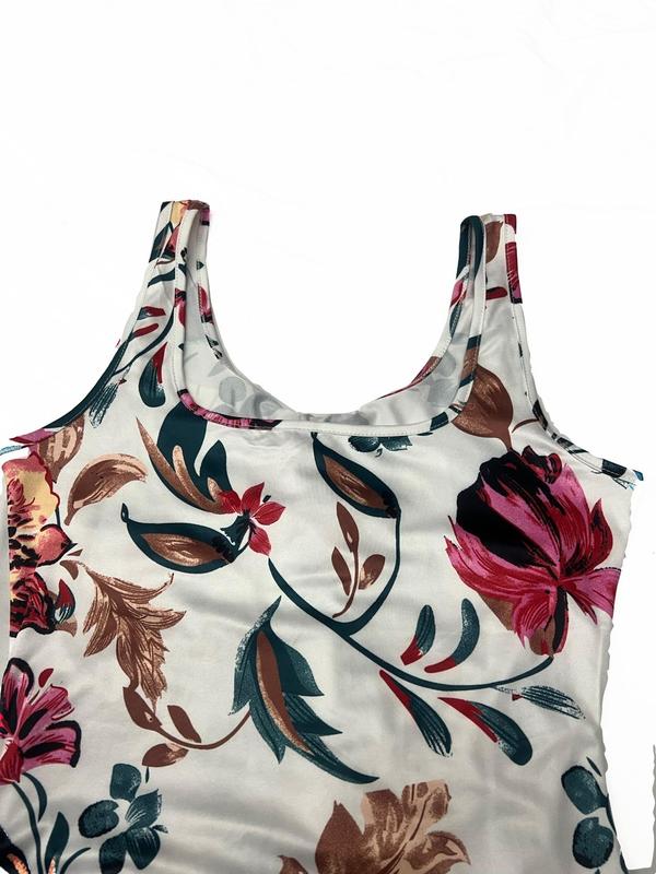 Women's Floral Print Backless Bodycon Tank Dress, Boho Sleeveless Square Neck Knee Length Dress for Beach Holiday Vacation, Ladies Clothes for All Seasons