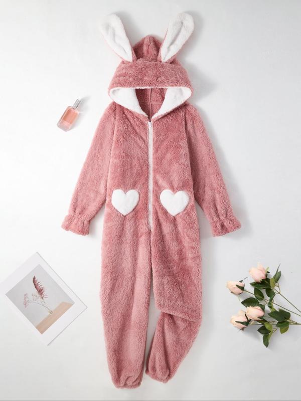 Women's Heart Pattern 3D Rabbit Ear Design Loung Hooded Onesie, Cute Zipper Long Sleeve Sleepwear, Casual Comfy Sleepwear for Fall & Winter Onesies Pajama