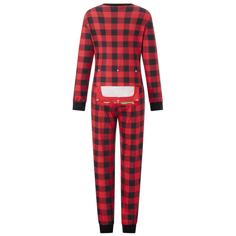 Matching Christmas Pajamas For Family Plaid Print Long Sleeve Button Down Full Length Jumpsuit Holiday Sleepwear